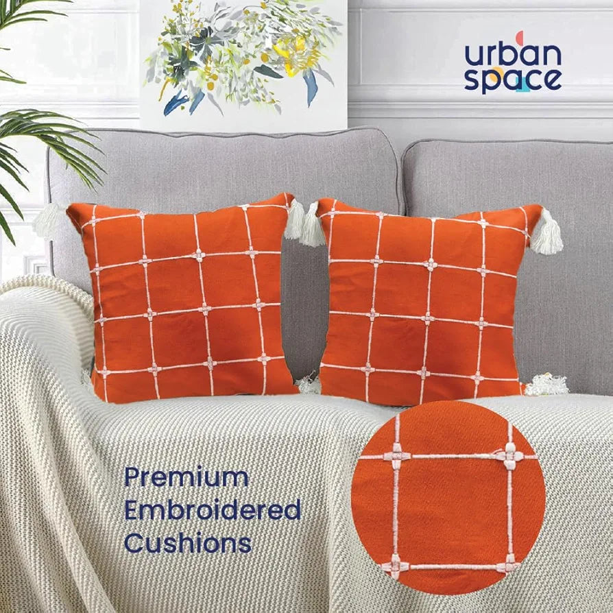 Urban Space Embroidered Cotton Cushion Cover Set of 2, 16 inch x 16 inch Cushion Covers for Sofa, Bedroom, Living Room 