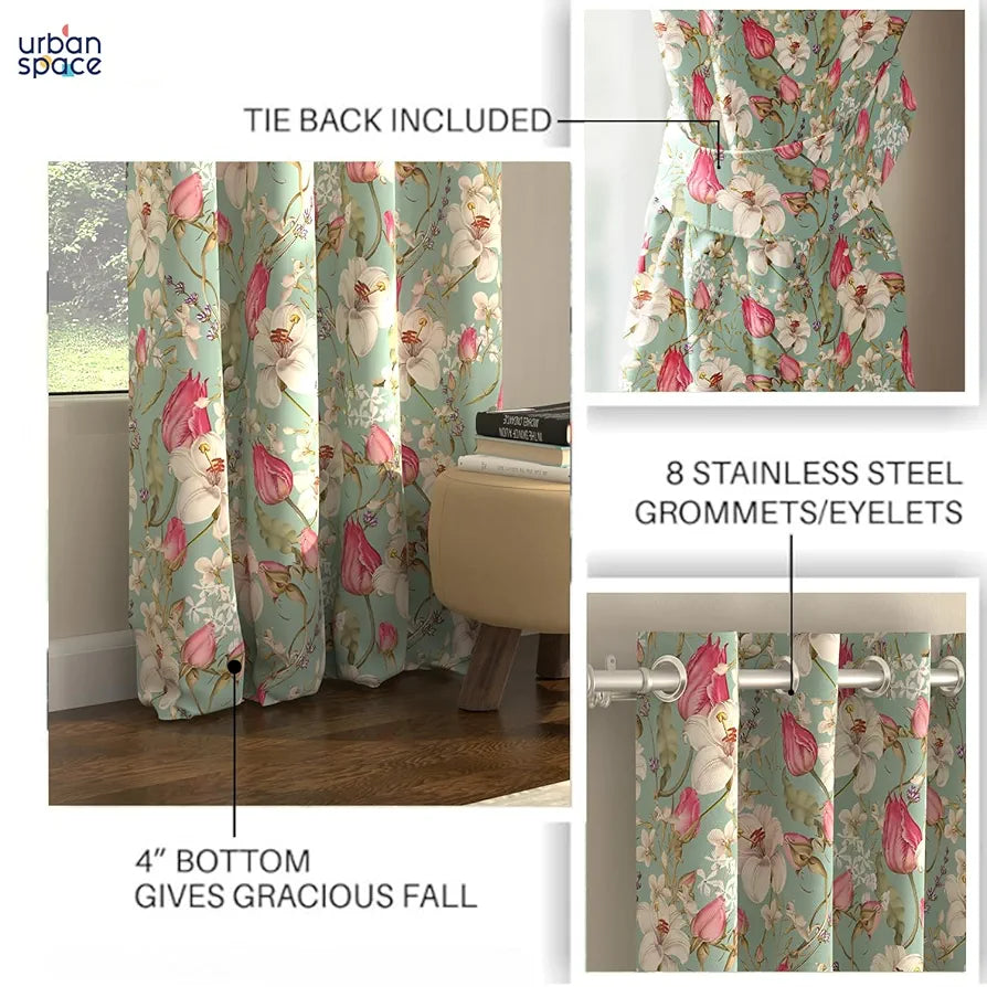 Urban Space Blackout Curtains 7 Feet Set of 2 for Door, 80-85% Light Blocking Curtains for Living Room, Digital Printed Curtains with Eyelets, Tieback Included 