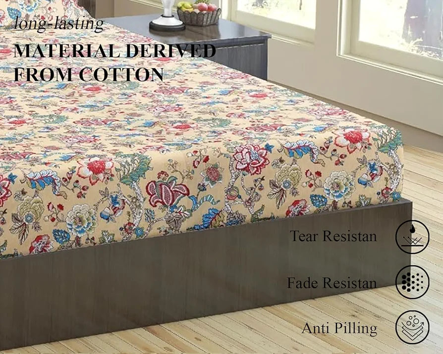 Trance Home Linen 144TC 100% Cotton Heritage Elastic Fitted Bedsheet with 1 Pillow Cover |Jaipuri Printed Artisan Block Design | Soft Hypo-Allergenic 