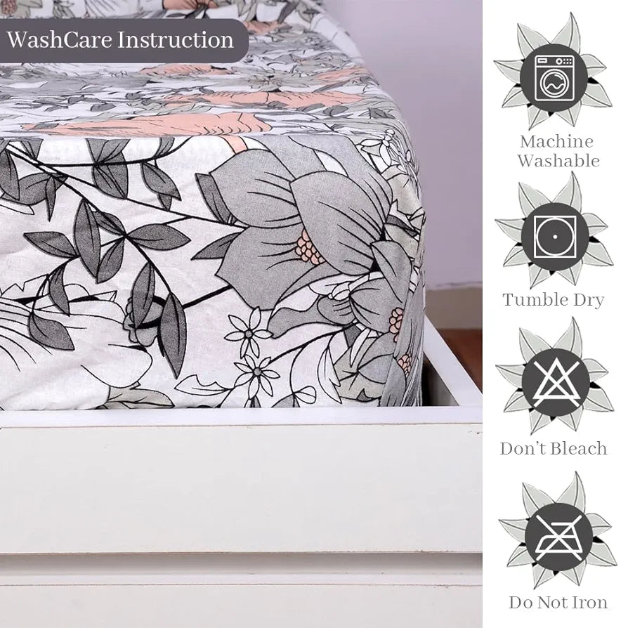 Divine Casa 144 TC Floral Grey 100% Cotton Elastic Fitted Bedsheets King Size with 2 Pillow Covers - 78 x 72 inches