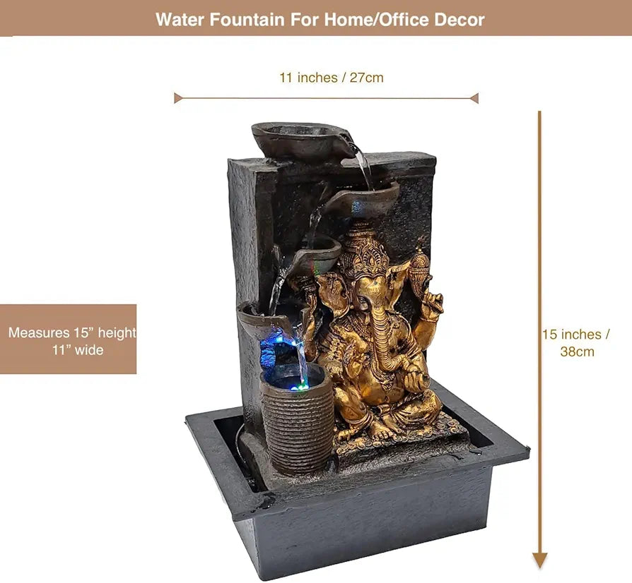 ALILA Ganesha Ganesh Ji Water Fountain Showpiece Idol for Home Living Room Temple Decor with Led Lights Table Top Decoration Gift Gifting Item, 15 inches