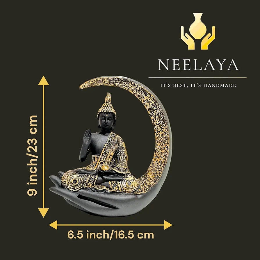 NEELAYA Antique Big Meditating Moon Buddha Statue Showpiece for Home Decor - Living Room - House Warming - Office - Gifting - Buddha Idol Polyresin Decorative Figurine 