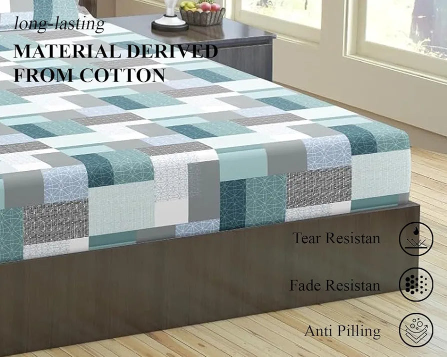 Trance Home Linen 100% Cotton 144TC Elastic Fitted Bedsheet | Printed Single Bed Size Elasticated Fitted Bedsheet with 1 Pillow Cover 