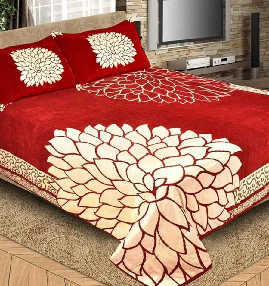 FRESH FROM LOOM Floral Bedsheet Cum Bed Spread for Double Bed King Size 500 TC Chenille Velvet Bed Cover with 2 Pillow Cover , Size- 90x100 inch