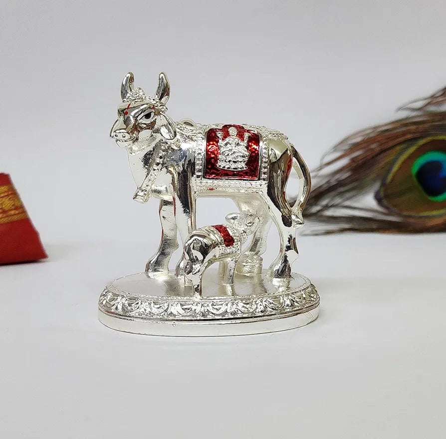 Gold Art India Kamdhenu Cow and Calf Idol with Red Accents | Shiny Silver Finish | 7.62 cm Decorative Gau MATA Murti for Home Temple, Gift & Office