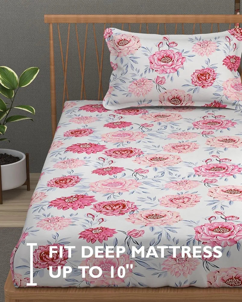 FRESH FROM LOOM Floral Print 240 TC Single Bed Microfiber Bedsheet Set - Soft & Anti Fade, 1 Pillow Covers Included 