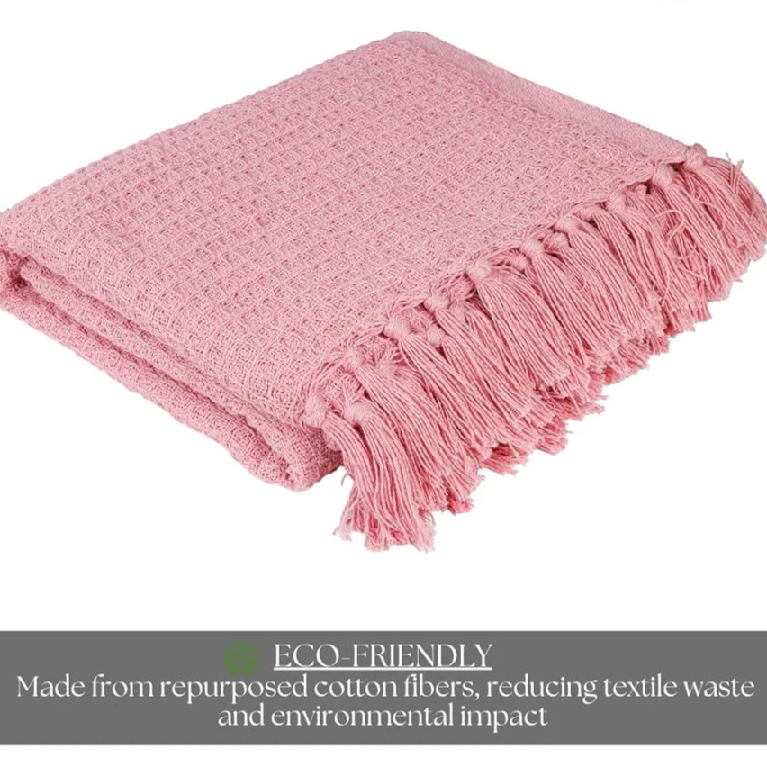 HOMADORN Waffle Weave Cotton Throw Blanket – Lightweight, Breathable & Cozy for Sofa or Bed  Pink