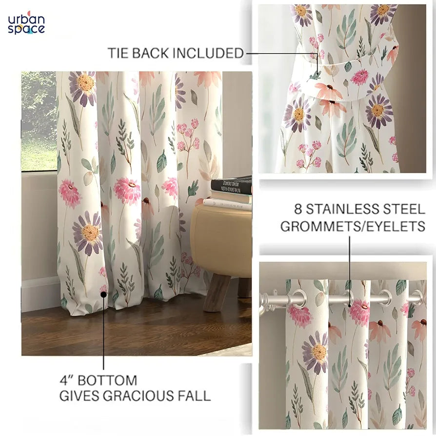 Urban Space Blackout Curtains 7 Feet Set of 2 for Door, 80-85% Light Blocking Curtains for Living Room, Digital Printed Curtains with Eyelets, Tieback Included 