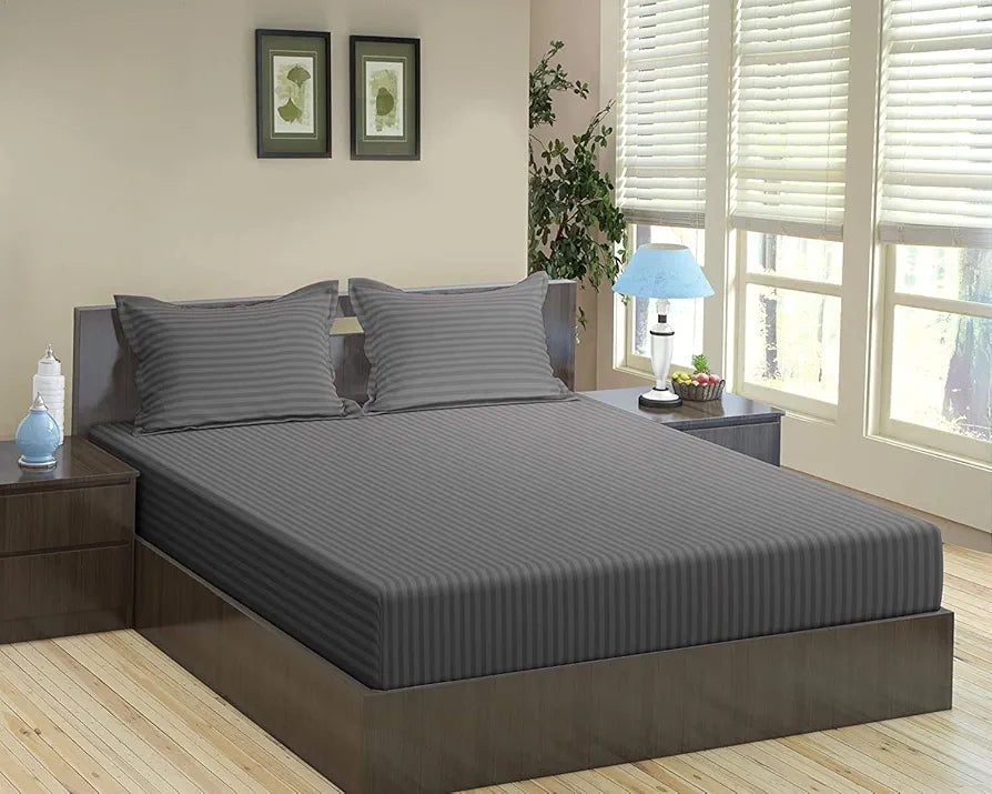 Trance Home Linen 100% Cotton 72x60 inch 200TC Satin Stripe Elastic Fitted Bedsheet | Daily Use Double Bed Fitted Bedspread with 2 Pillow Covers 