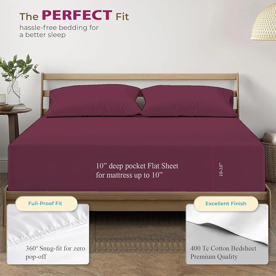 Trance Home Linen 100% Cotton 78x72 inch King Elastic Fitted Bedsheet | 400TC Soft Durable Plain Fitted Elastic Bed Sheet with 2 Pillow Covers 