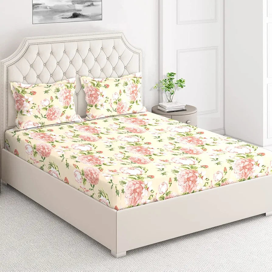 Layers Classic 100% Cotton Bedsheet Set for All Seasons - Lightweight, Moisture Absorbent, Machine Washable & Easy to Care - 104 TC - Queen Size 