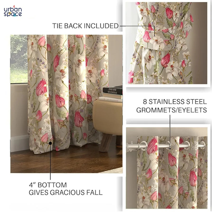 Urban Space Blackout Curtains 7 Feet Set of 2 for Door, 80-85% Light Blocking Curtains for Living Room, Digital Printed Curtains with Eyelets, Tieback Included 