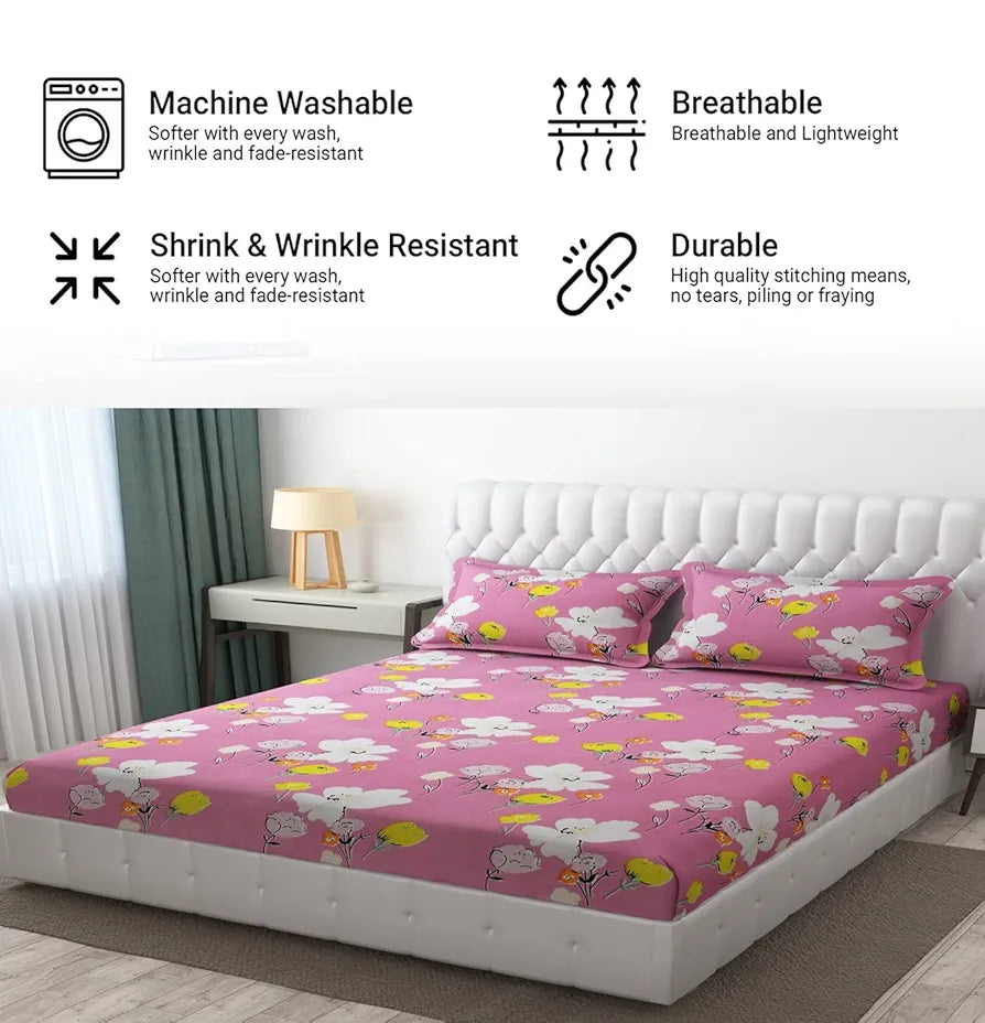 FRESH FROM LOOM Floral Design Bed Spread With Pillow Covers|Hypo-Allergenic Microfiber King Bedsheet For Double Bed|Wrinkle Free Bedsheets/Bedcover,144 TC