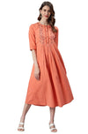 Janasya Women's Peach Cotton Flex Midi Dress