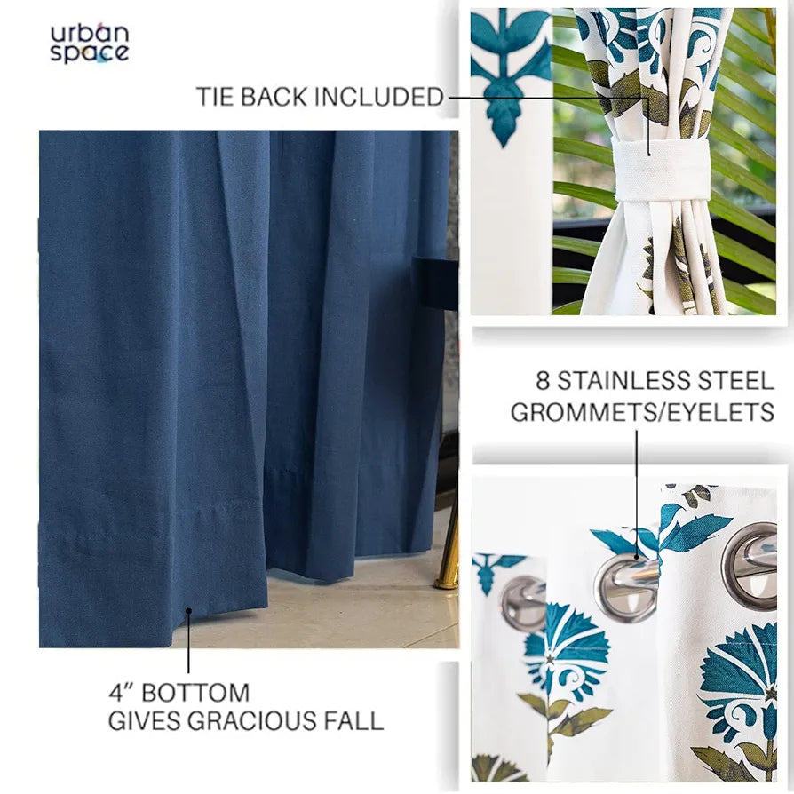 Urban Space 100% Cotton Curtains for Door, Combo Set of 3 Curtains 7 feet Long, 60-65% Room Darkening Curtain, Tieback & Eyelets Included with Curtains for Home Decor 