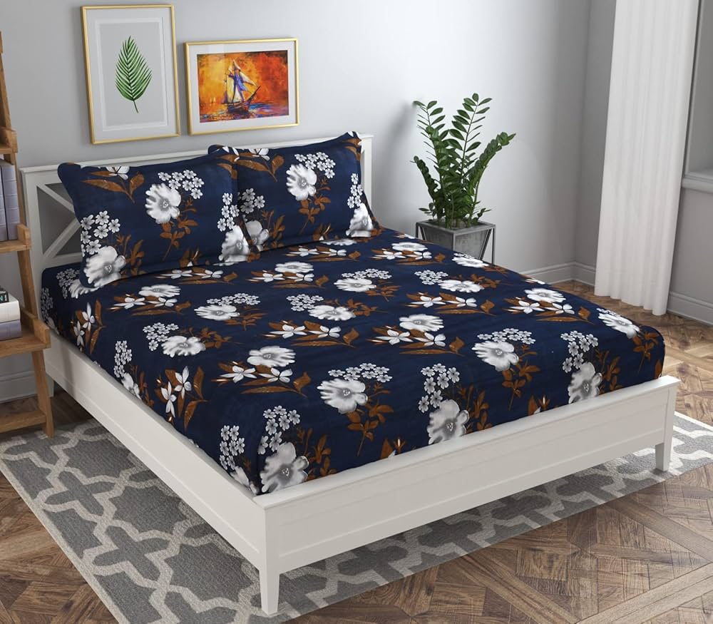 BSB HOME Premium Double Bedsheet with 2 Pillow Covers - 160 TC Supersoft Microfiber - Breathable & Wrinkle Free - 3 Pcs Set | Blue & Brown