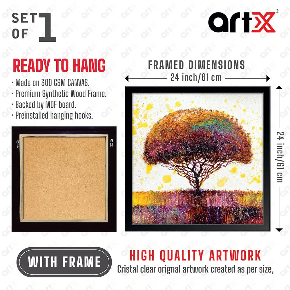 ArtX Abstract Colourfull Tree Big Canvas Painting For Bedroom and Living Room With Frame, Multicolour, Square, 24.0 x 24.0 inch, 2x2 Feet, Set Of 1
