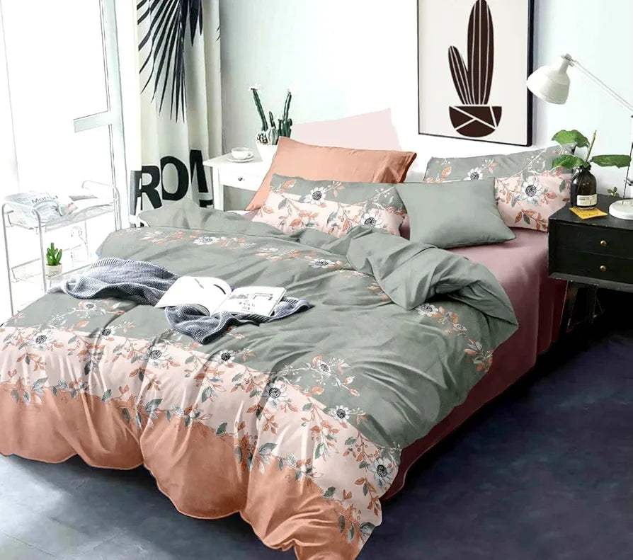 THE HOME STYLE 400 TC Cotton Elastic Fitted All Around Printed Queen Size Double Bed Bedsheet wih 2 Pillow Cover 