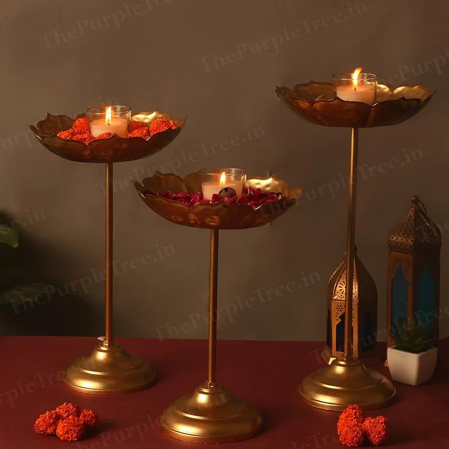 The Purple Tree Beautiful Handcrafted Lotus Urli Bowl With Stands Diwali  Decorative Bowl With Stands Floating Flowers And Tea Light Candles Home, Urli Stand Tealight Holder, Golden