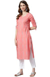 Janasya Women's Blue Cotton Ethnic Motifs Straight Kurta Pink