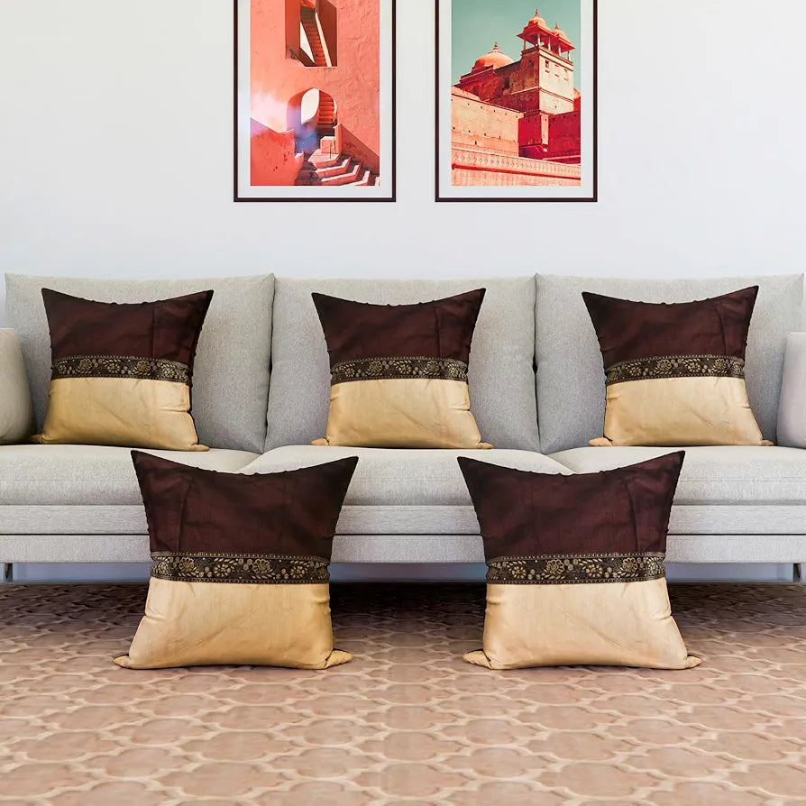 Kuber Industries Cushion Cover | Pillow Covers for Sofa | Throw Cushion Cover | Dupion Polyester Cushion Covers | Center Lace Cushion Covers | Set of 5 | 16 Inch | Brown
