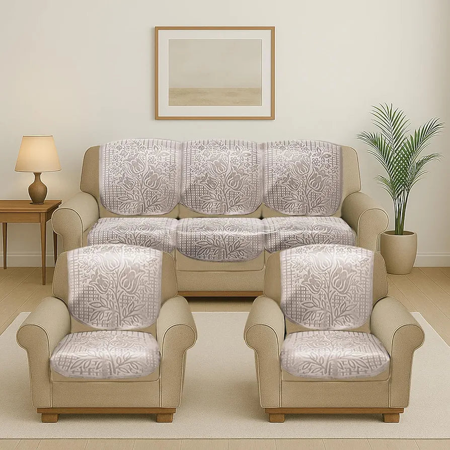 Cloth Fusion Italian Velvet Sofa Cover 5 Seater Set, Perfect Floral Embossed Sofa Cover 3 Seater and 2 Seater for Living Room 
