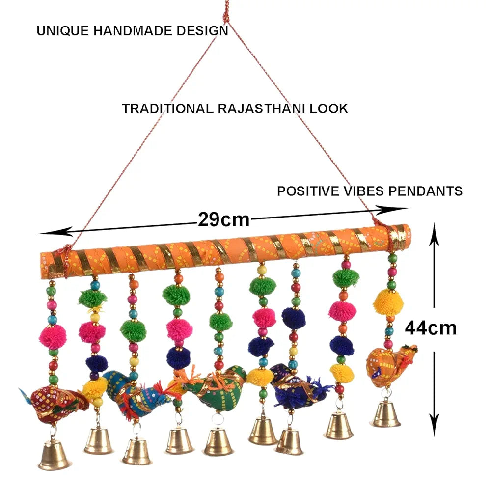 Kuber Industries Rajasthani Traditional Windchimes|5 Hanging Birds with Bamboo|Polyester Handcrafted Latkan|Decorative Door Hanging Latkan 