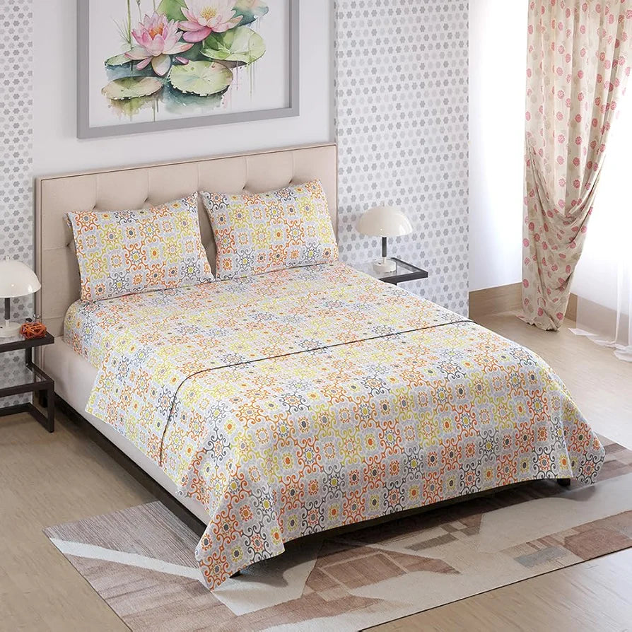 Zen Cotton Blend Double Bedsheet Set  | 1 Double Cotton Bedsheet & 2 Pillow Covers | Breathable & Anti-Wrinkle | 225 CVC | 