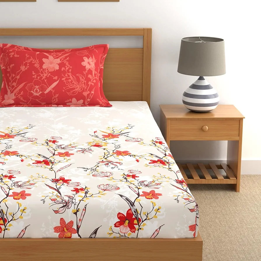 Dreamscape 100% Cotton Single Bedsheet with 1 Pillow Cover - (Size 59 x 87 inches, 140 TC, Colour - Tomato