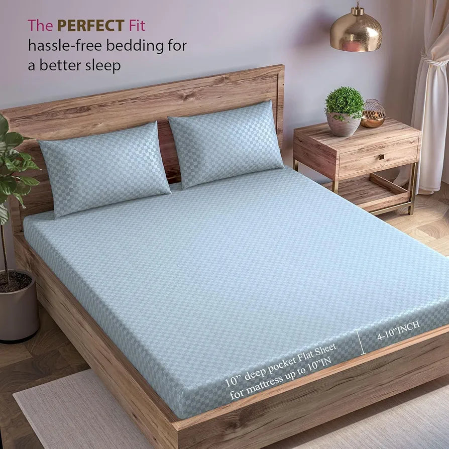 Trance Home Linen Premium 300TC 100% Cotton Jacquard Weave Fitted Bedsheet for King Size Bed with 2 Pillow Cover - Skin Friendly 