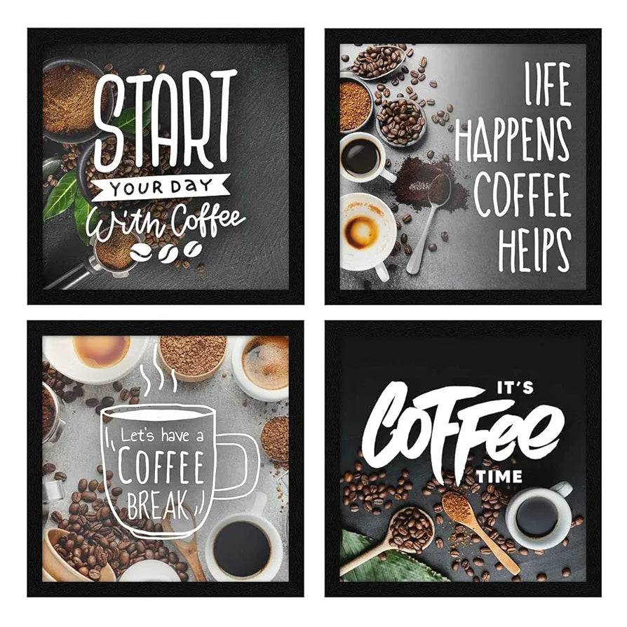 ArtX Kitchen Food Coffee Spices Motivational Funny Quotes Wall Art Painting, Framed Posters, 20 X 20 inches, 10.0 X 10.0 inches Each, Multicolor, Synthetic Wood, Set of 4 