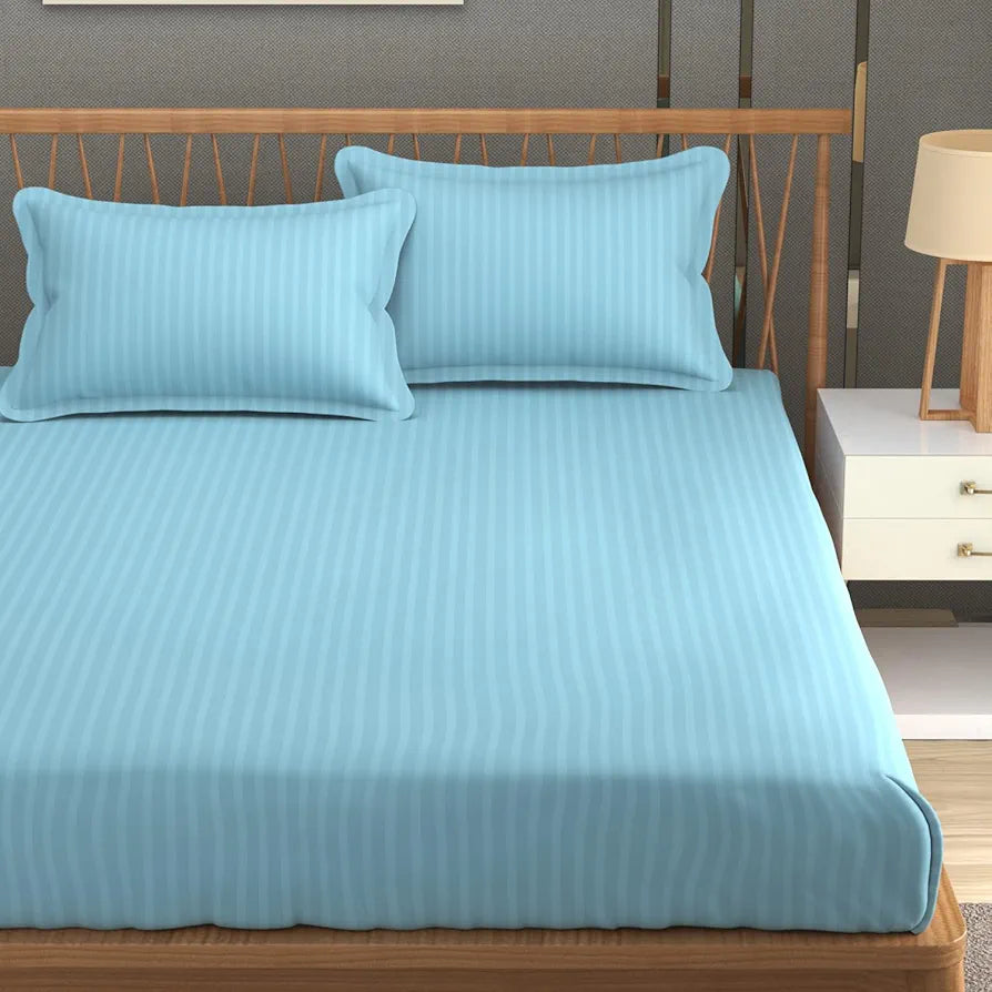 Homefab India 160 TC Stripe Glace Cotton Double BedSheet with 2 Pillow Covers -  - Light Blue