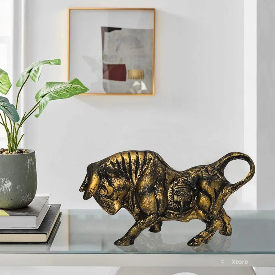 Xtore Brass Finish Bull Resin Statue for Home Decor 