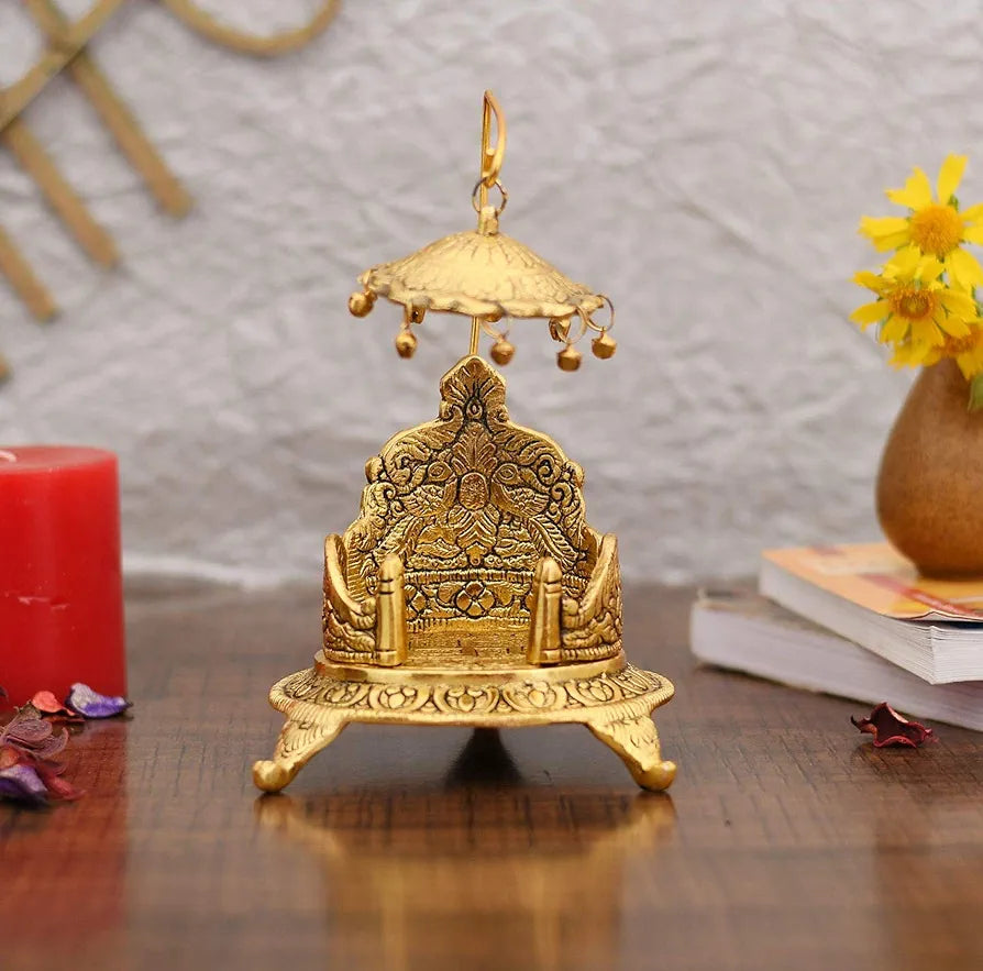 Collectible India Metal Singhasan Oval Shaped for Ganesha Krishna God Idols - Gold Plated Ladoo Gopal Pooja Chowki for Temple Mandir Puja Idol Decoration Items 