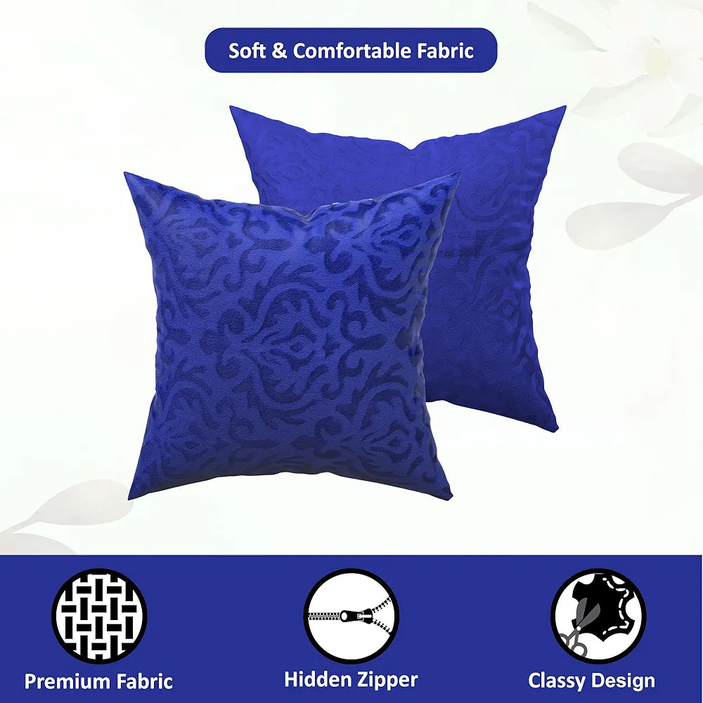 Kuber Industries Set of 5  Washable & Removable Velvet Sofa Pillow Covers with Zip | Soft Sofa Cushion Covers for Home & Bedroom Interiors | Floral Design - Royal Blue