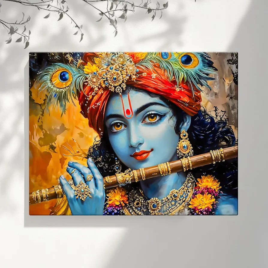 ArtX Canvas Krishna Playing Flute Wall Painting, Krishna Photo Frame For Living Room, Bedroom, Multicolor, Abstract, 58.0 X 45.0 cm, Set of 1