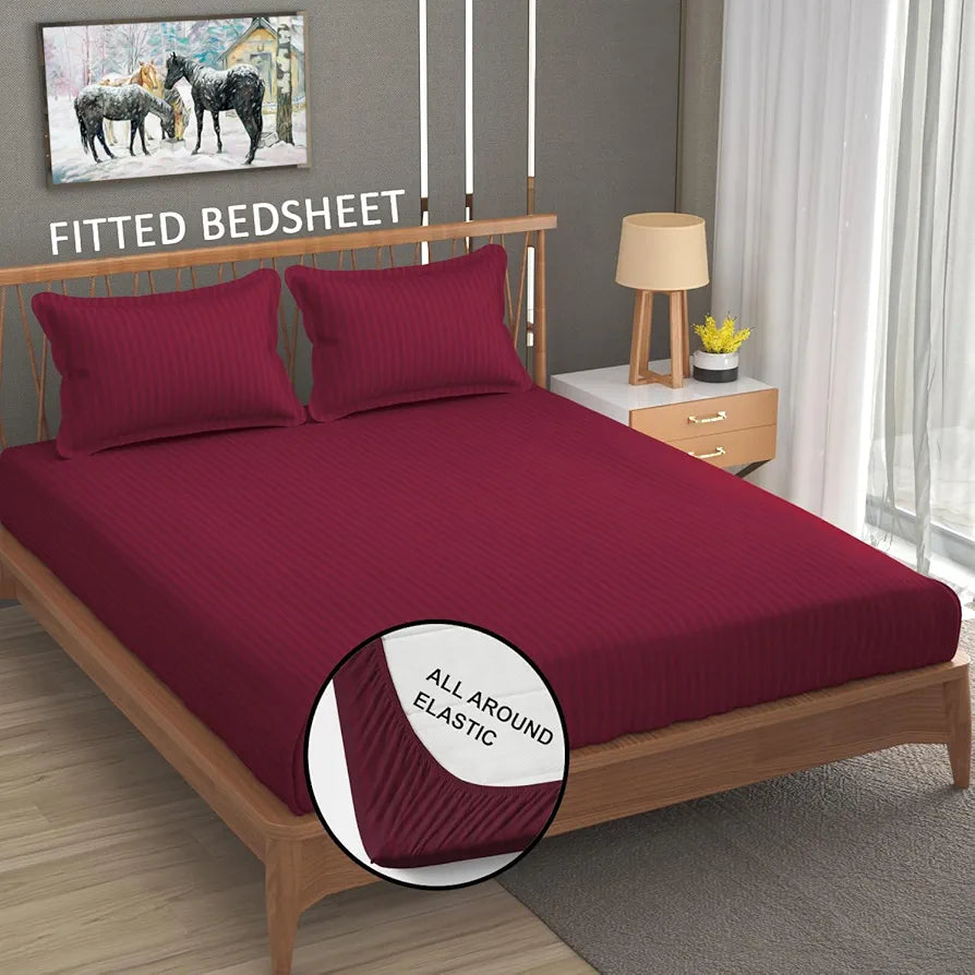 Homefab India 160 TC Stripe Cotton Feel Glace Cotton Elastic Fitted King Size Double Bed Bedsheet with 2 Pillow Covers Fits Upto 6 inches Mattress, Size-72X78 inches, Maroon
