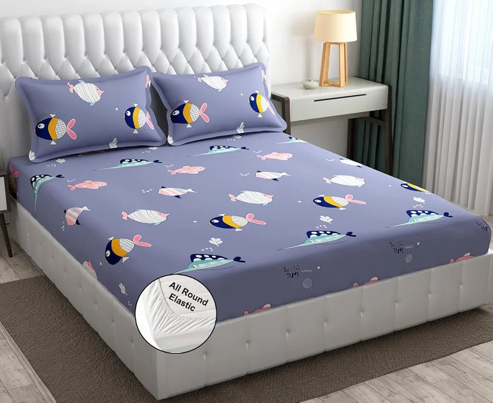 FRESH FROM LOOM Glace Cotton Wrinkle Free Soft Hypoallergenic Elastic Fitted Cartoon Printed Bedsheets for Kids with 2 Pillow,Fish/Blue),Double Bed,300 TC