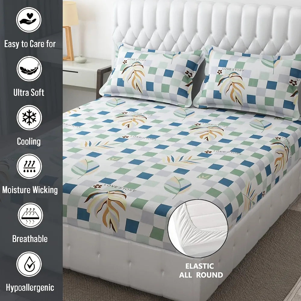 FRESH FROM LOOM Soft Microfiber Fitted Floral Bedsheet King Size Bed With Two Pillow Cover | Elastic Fitted Bed Sheets | Bed Covers For Mattresses Tuck In , 144 Tc