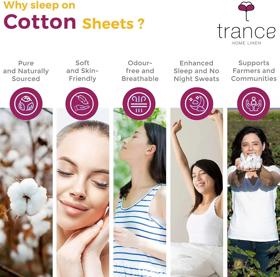Trance Home Linen 400 TC 100% Cotton 78x36 inch Single Elastic Fitted Bedsheet|Premium Single Bed Size Plain Fitted Elastic Bed Sheet with 1 Pillow Cover 