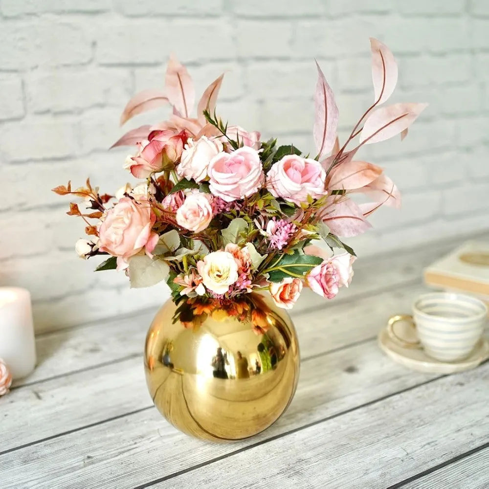 BEHOMA Metal Ball Round Flower Vase for Home Decor|Table Decorative Item for Bedroom Living Room Office Wedding | Best Gift for Birthday Anniversary Festival | Gold, Medium 