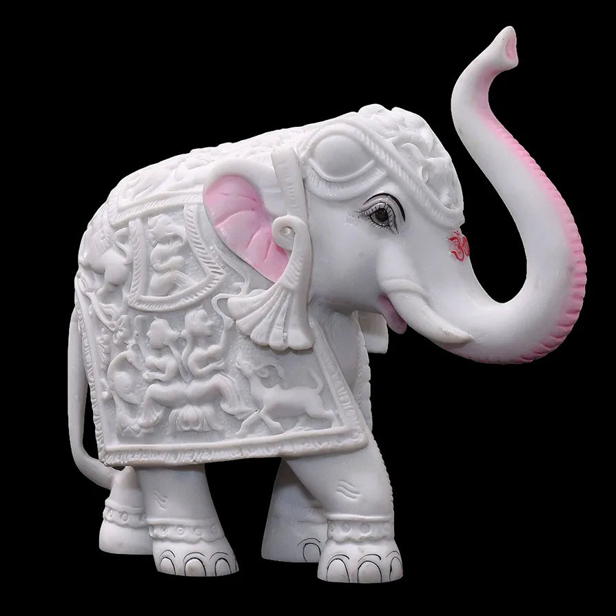 KRAFTSKALA Pack of 2 White Elephant Showpieces Home Decor for Living Room, Table, Shelf, 2 x 3 inch Elephant Marble Resin Statue for Vastu, Feng Shui, Office Decor, Gifting