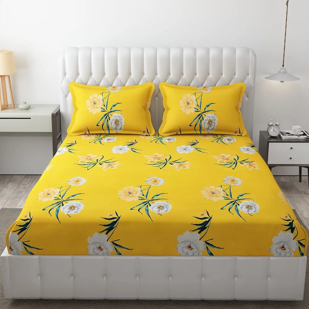 FRESH FROM LOOM King Size Soft Glace Cotton Fitted Floral Bedsheet With Two Pillow Cover,Elastic Fitted Bed Sheets,Hypoallergenic,Peach Yellow),144 TC