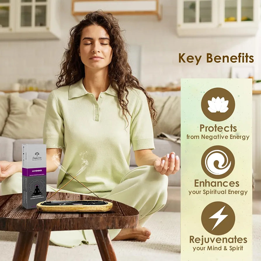 Simply Vedic Lavender Incense Sticks with Holder – 135 Handmade Charcoal-Free Agarbatti | Natural Essential Oil Aromatherapy for Meditation, Yoga, Pooja, Relaxation – 45 Min Burn, Gift Set