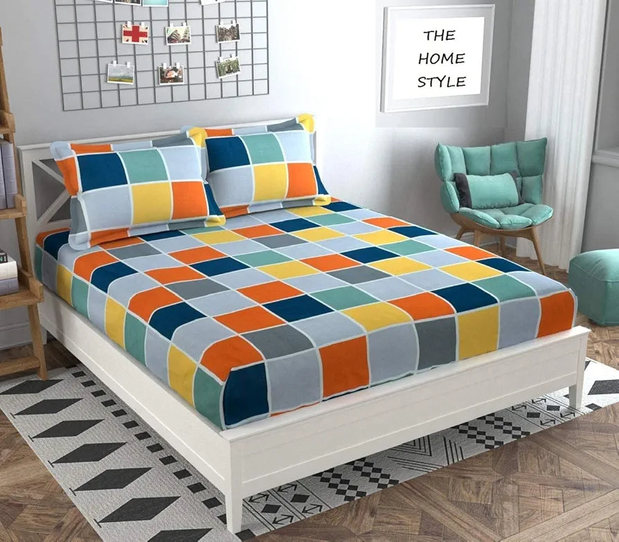 THE HOME STYLE Cotton Feel Glace Cotton 300 Threadcount Elastic Fitted Printed King Size Double Bed Bedsheet With 2 Pillow Cover 72