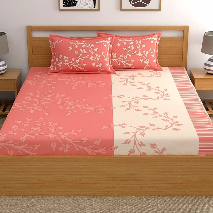 Dreamscape 100% Cotton Floral King Fitted Bedsheet with 2 Pillow Covers - 