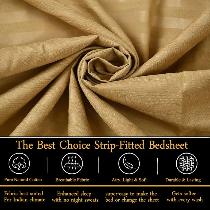 FRESH FROM LOOM 240 Tc Satin Striped King Size Soft Fitted Bedsheet with Two Pillow Cover | Elastic Fitted Bed Sheets | Hypoallergenic , Light Brown