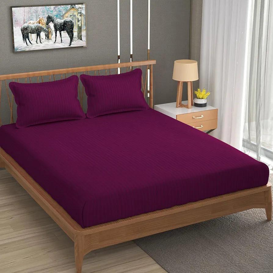 Homefab India 160 TC Stripe Glace Cotton Double BedSheet with 2 Pillow Covers -  - Dark Pink