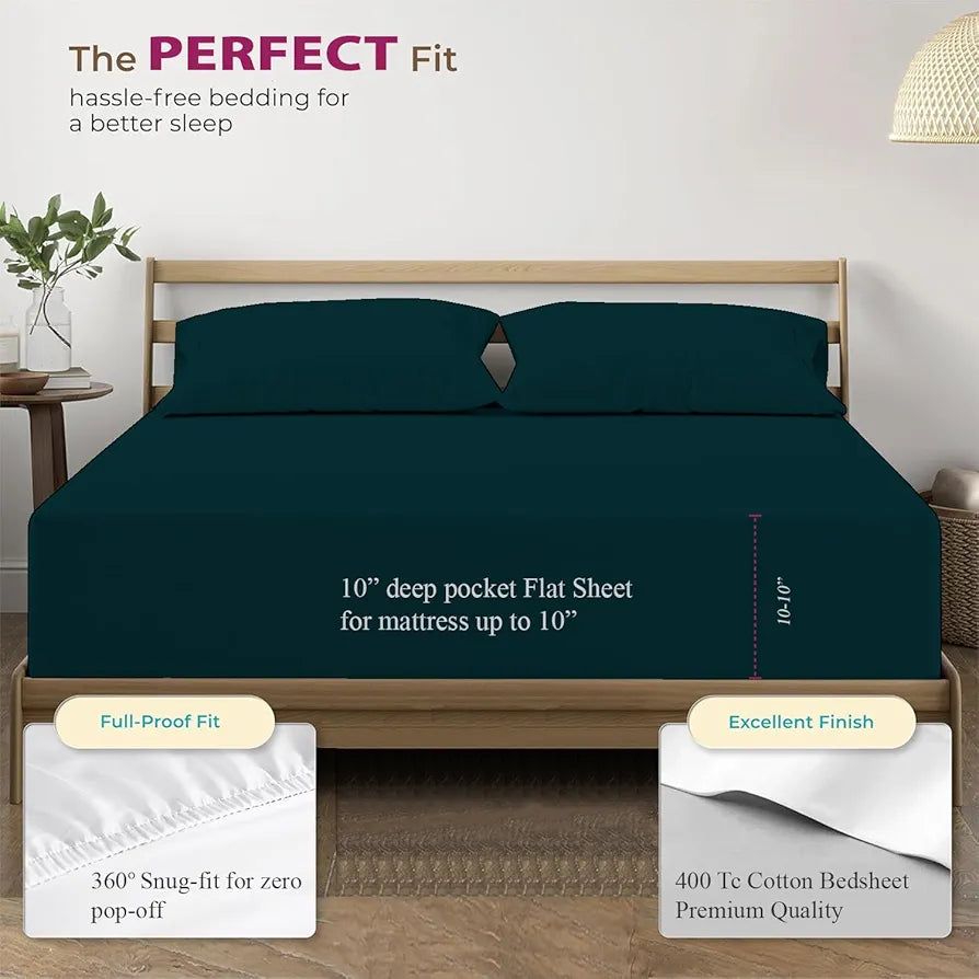 Trance Home Linen 100% Cotton 78x72 inch King Elastic Fitted Bedsheet | 400 Thread Count Premium Hotel Quality Fitted Plain Elastic Bedsheet with 2 Pillow Covers 