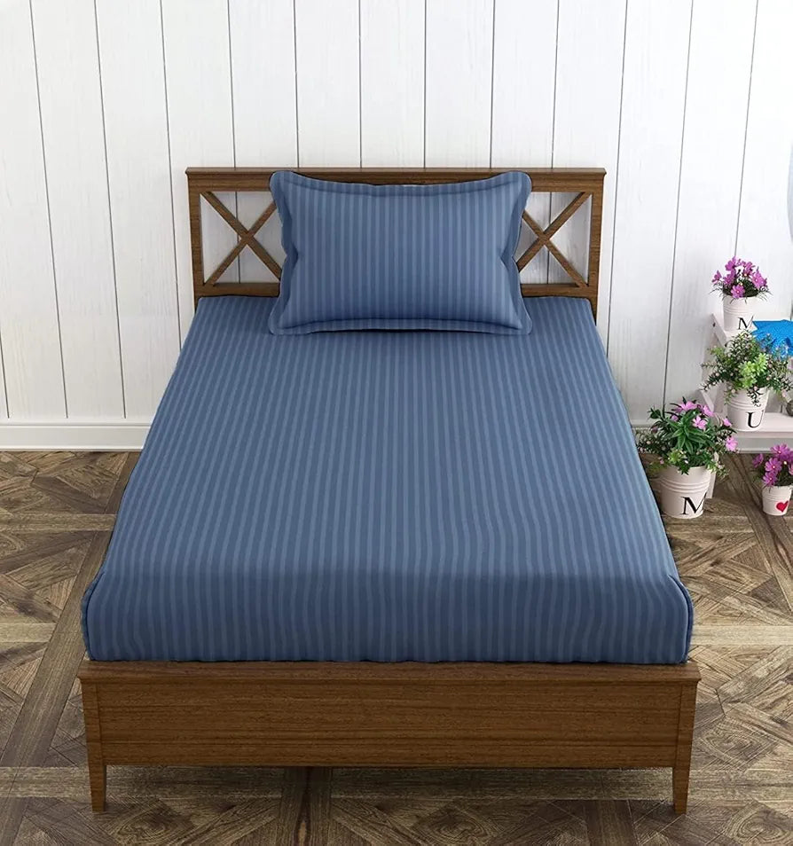 Trance Home Linen 100% Cotton 78x36 inch Single Fitted 200TC Satin Stripe Elastic Fitted Bedsheet | Single Bed Size Fitted Bedspread with 1 Pillow Covers 